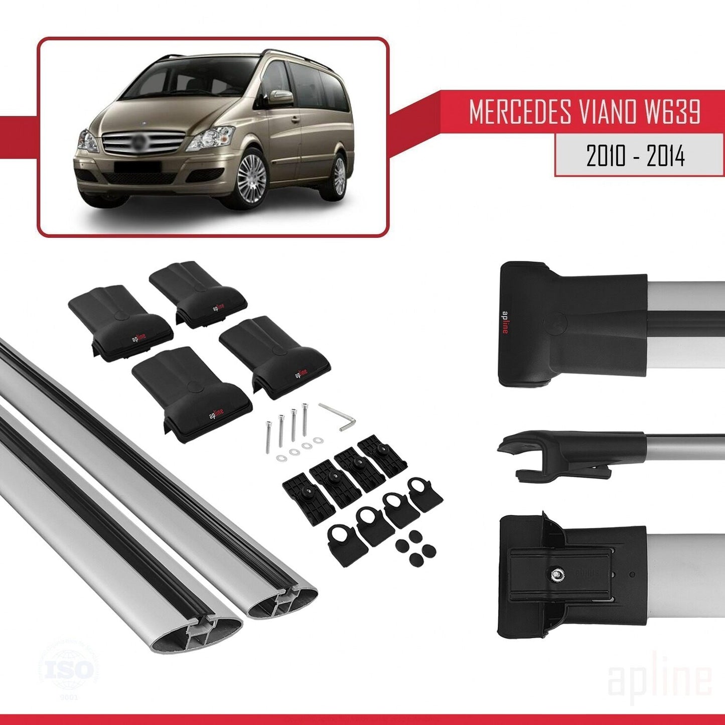 Compatible avec Mercedes Viano 2 (W639) Post-Facelift 2010-2014 FLY Model Barres de Toit Railing Porte-Bagages de Voiture Gris Aluminium 2 Barres