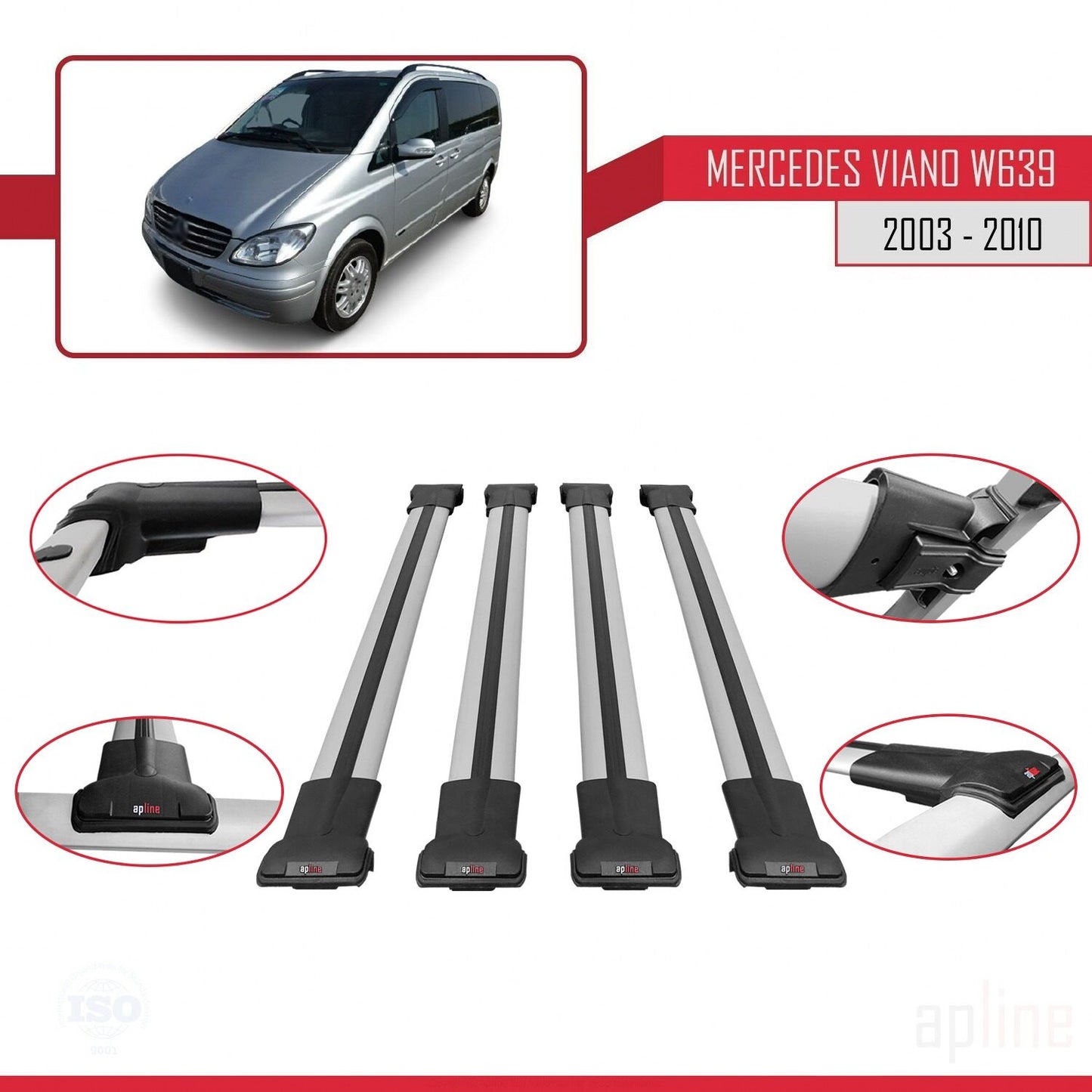 Compatible avec Mercedes Viano 2 (W639) Pre-Facelift 2003-2010 FLY Model Barres de Toit Railing Porte-Bagages de Voiture Gris Aluminium 4 Barres