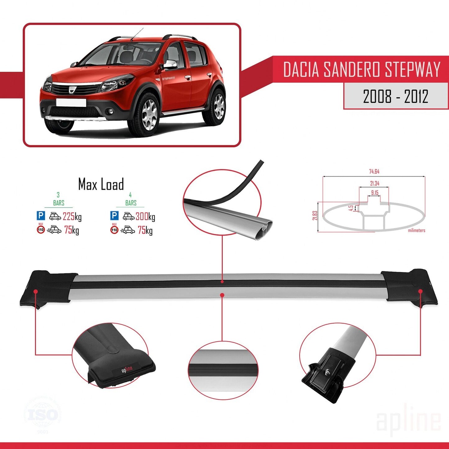 Compatible avec Dacia Sandero Stepway 2008-2012 FLY Model Barres de Toit Railing Porte-Bagages de Voiture Gris Aluminium 3 Barres