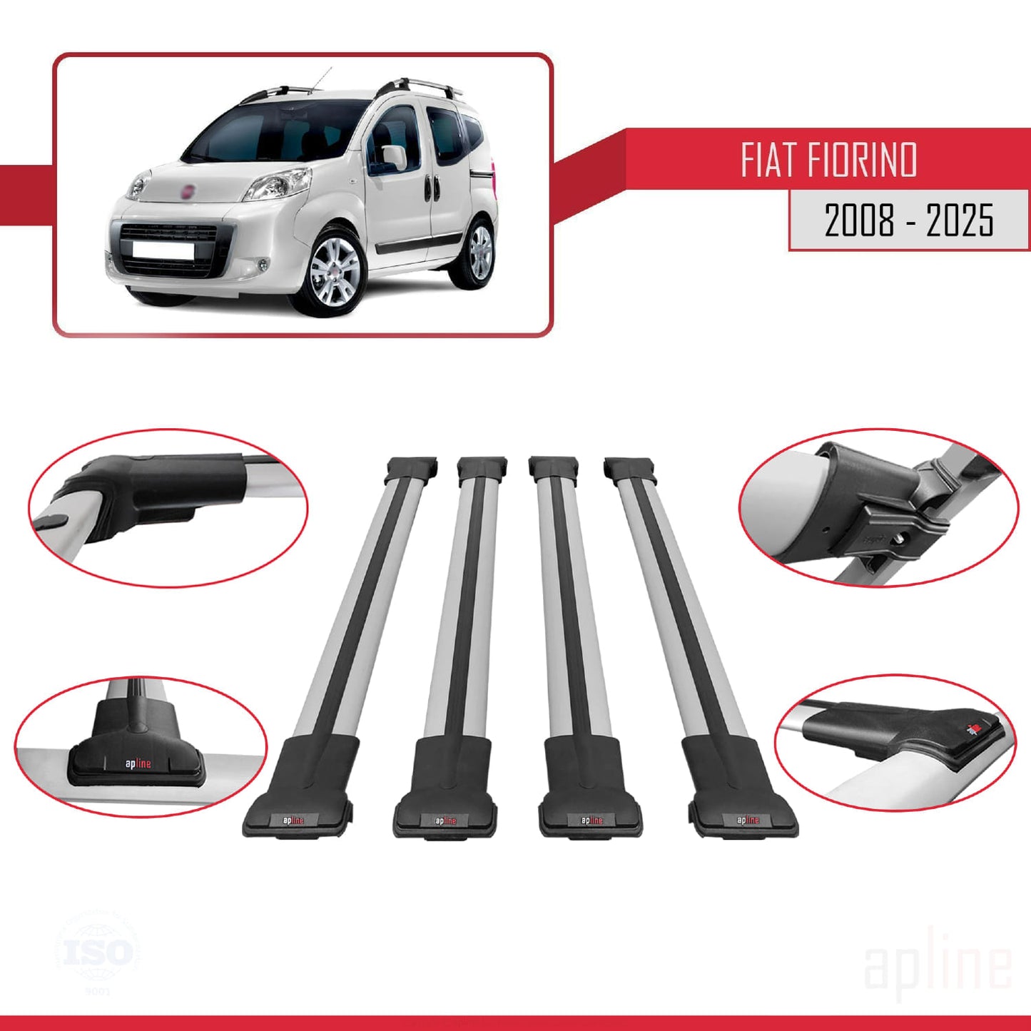 Compatible avec Fiat Fiorino 3 2008-2025 FLY Model Barres de Toit Railing Porte-Bagages de Voiture Gris Aluminium 4 Barres