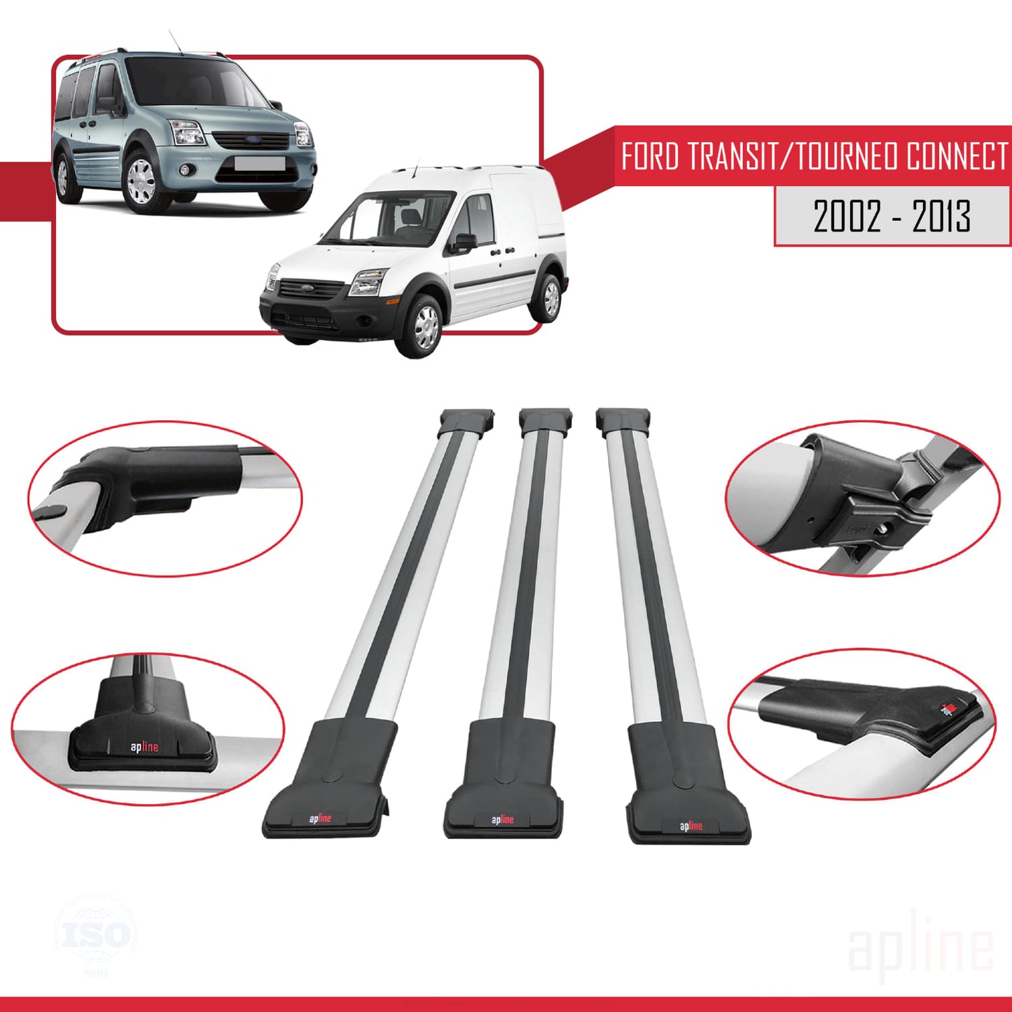 Compatible avec Ford Transit/Tourneo Connect 2002-2013 FLY Model Barres de Toit Railing Porte-Bagages de Voiture Gris Aluminium 3 Barres