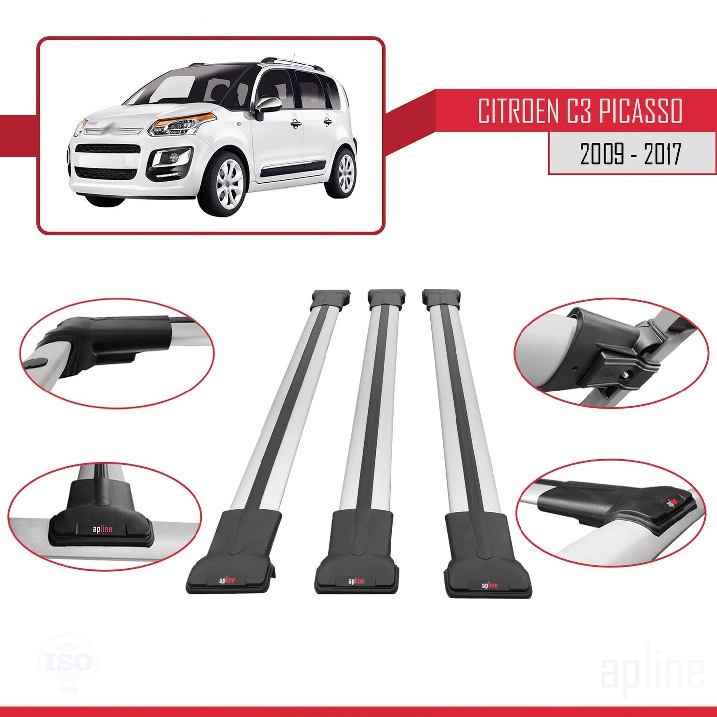 Compatible avec Citroen C3 Picasso 2009-2017 FLY Model Barres de Toit Railing Porte-Bagages de Voiture Gris Aluminium 3 Barres