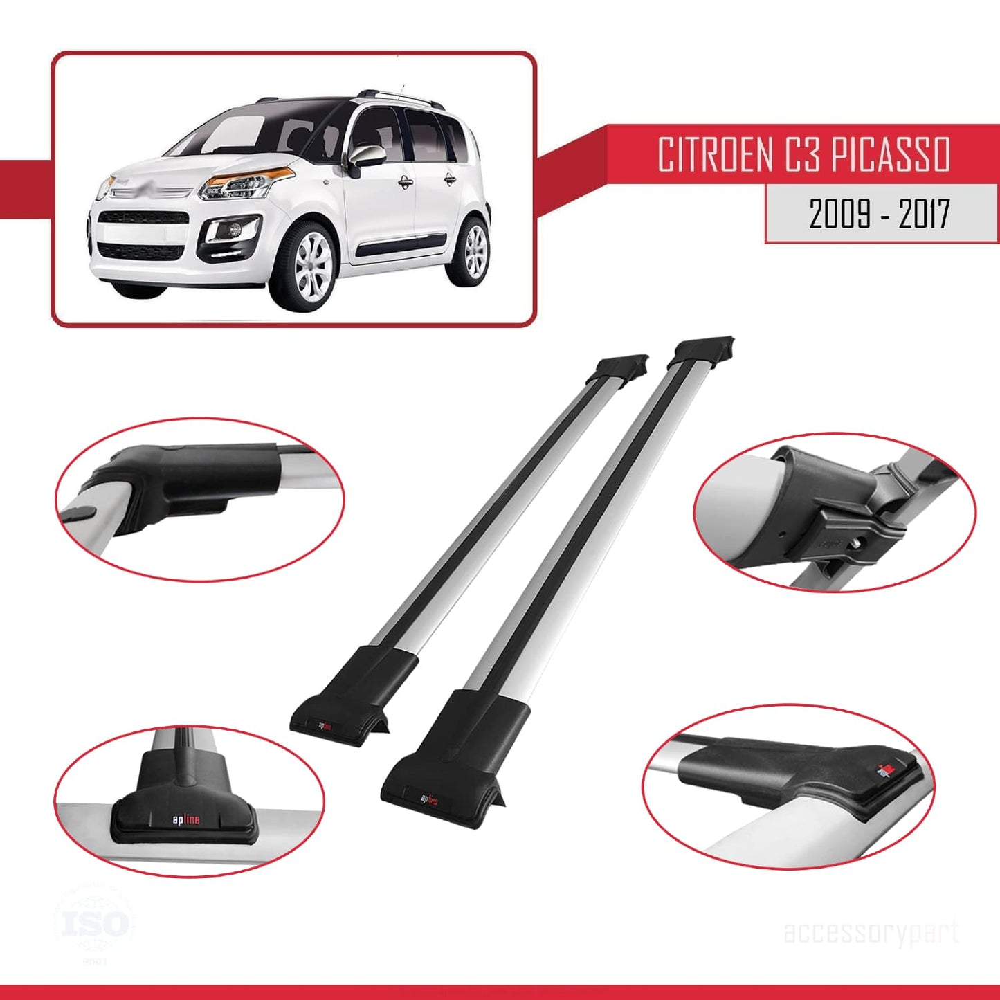 Compatible with Citroen C3 Picasso 2009-2017 FLY Model Car Roof Rack Cross Bar Grey Aluminium 2 Bars