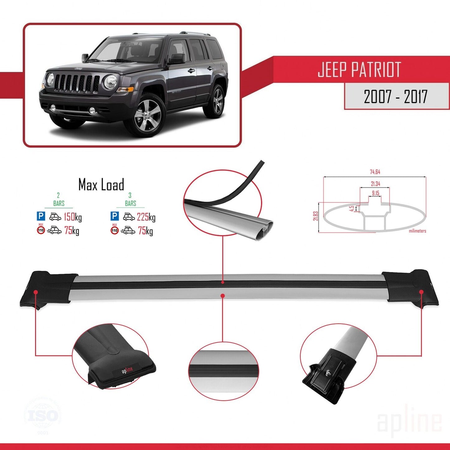 Compatible avec Jeep Patriot 2007-2017 FLY Model Barres de Toit Railing Porte-Bagages de Voiture Gris Aluminium 2 Barres