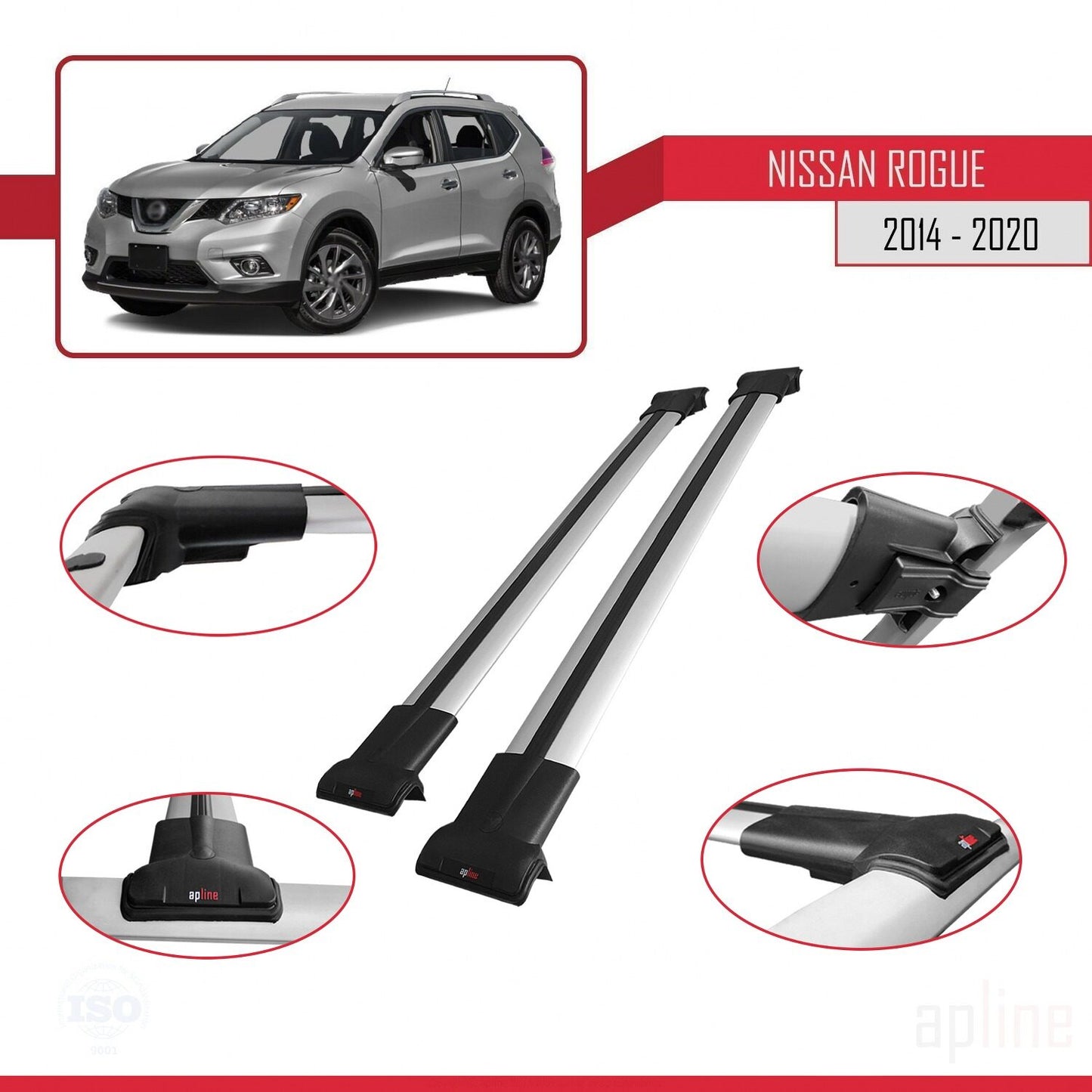 Compatible avec Nissan Rogue 2 (T32) 2014-2020 FLY Model Barres de Toit Railing Porte-Bagages de Voiture Gris Aluminium 2 Barres