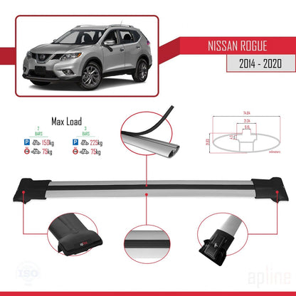 Compatible avec Nissan Rogue 2 (T32) 2014-2020 FLY Model Barres de Toit Railing Porte-Bagages de Voiture Gris Aluminium 2 Barres