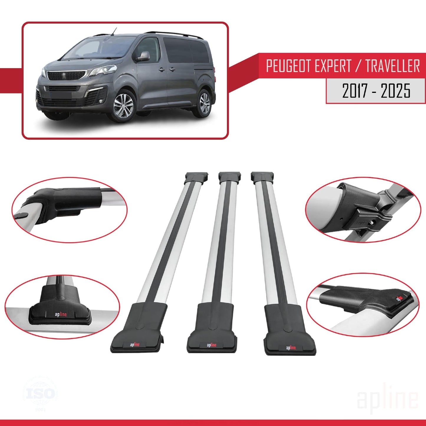 Compatible avec Peugeot Expert 3 Traveller 2017-2025 FLY Model Barres de Toit Railing Porte-Bagages de Voiture Gris Aluminium 3 Barres