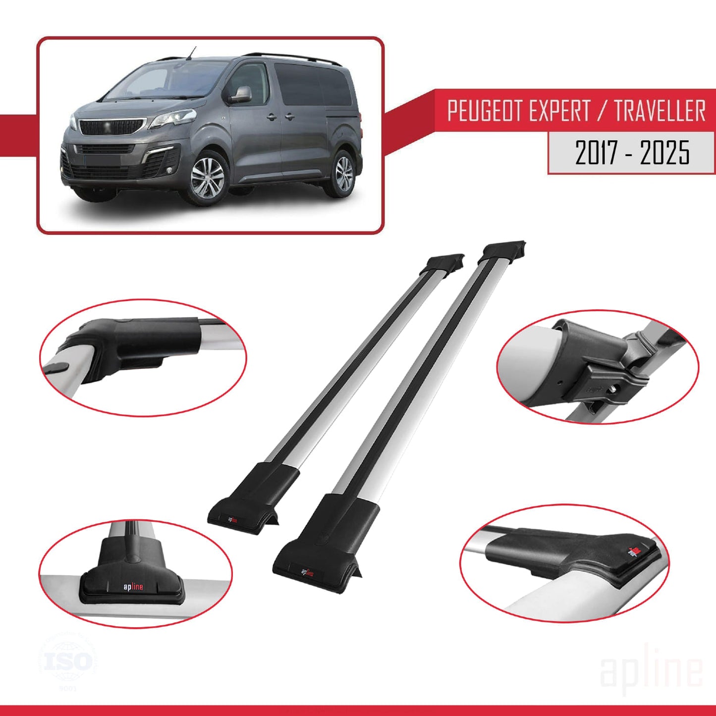 Compatible with Peugeot Expert 3 Traveller 2017-2025 FLY Model Car Roof Rack Cross Bar Grey Aluminium 2 Bars
