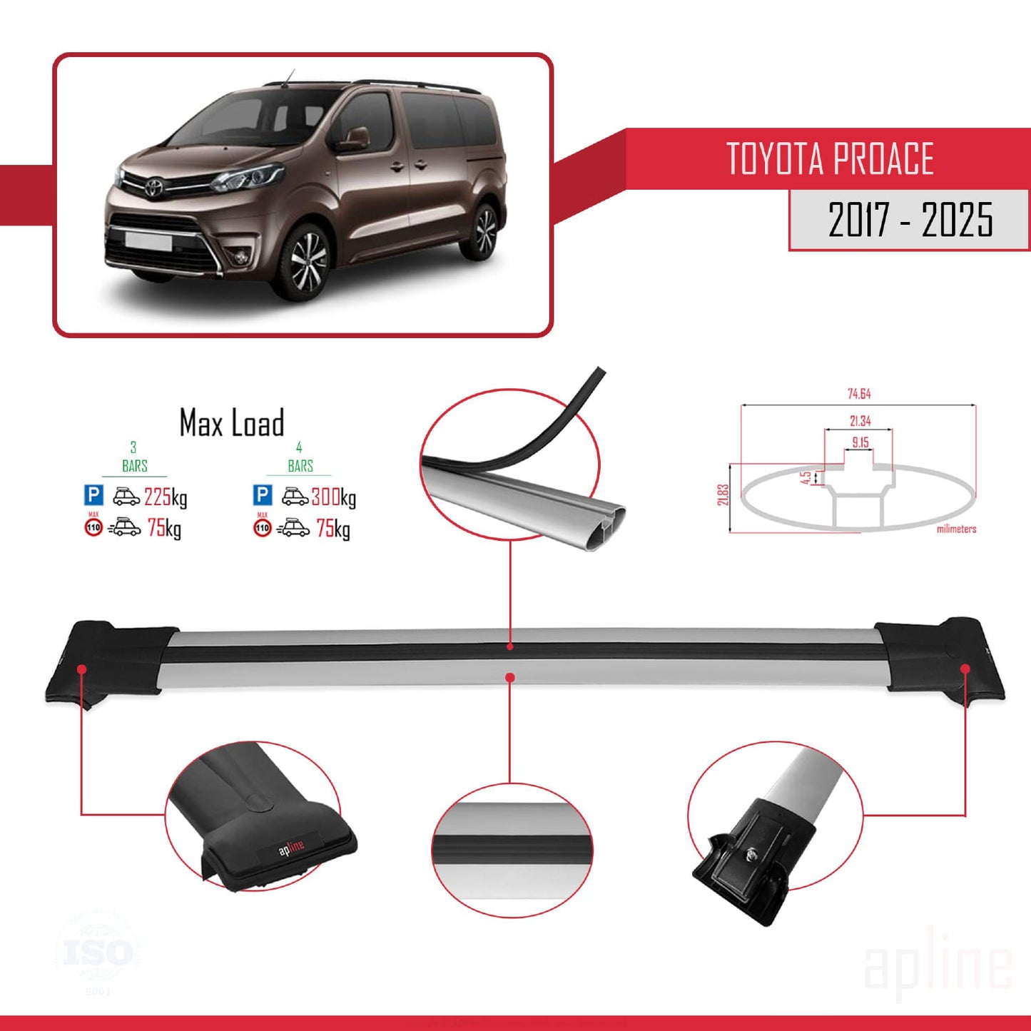 Compatible avec Toyota Proace 2017-2025 FLY Model Barres de Toit Railing Porte-Bagages de Voiture Gris Aluminium 3 Barres