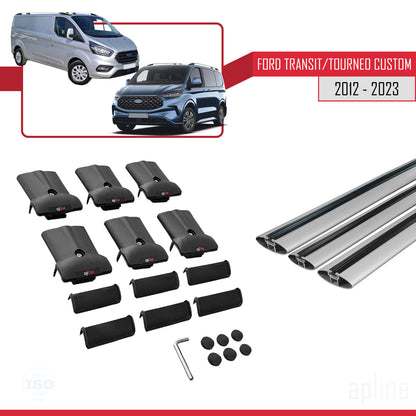 Compatible avec Ford Transit/Tourneo Custom 2012-2023 FLY Model Barres de Toit Railing Porte-Bagages de Voiture Gris Aluminium 3 Barres