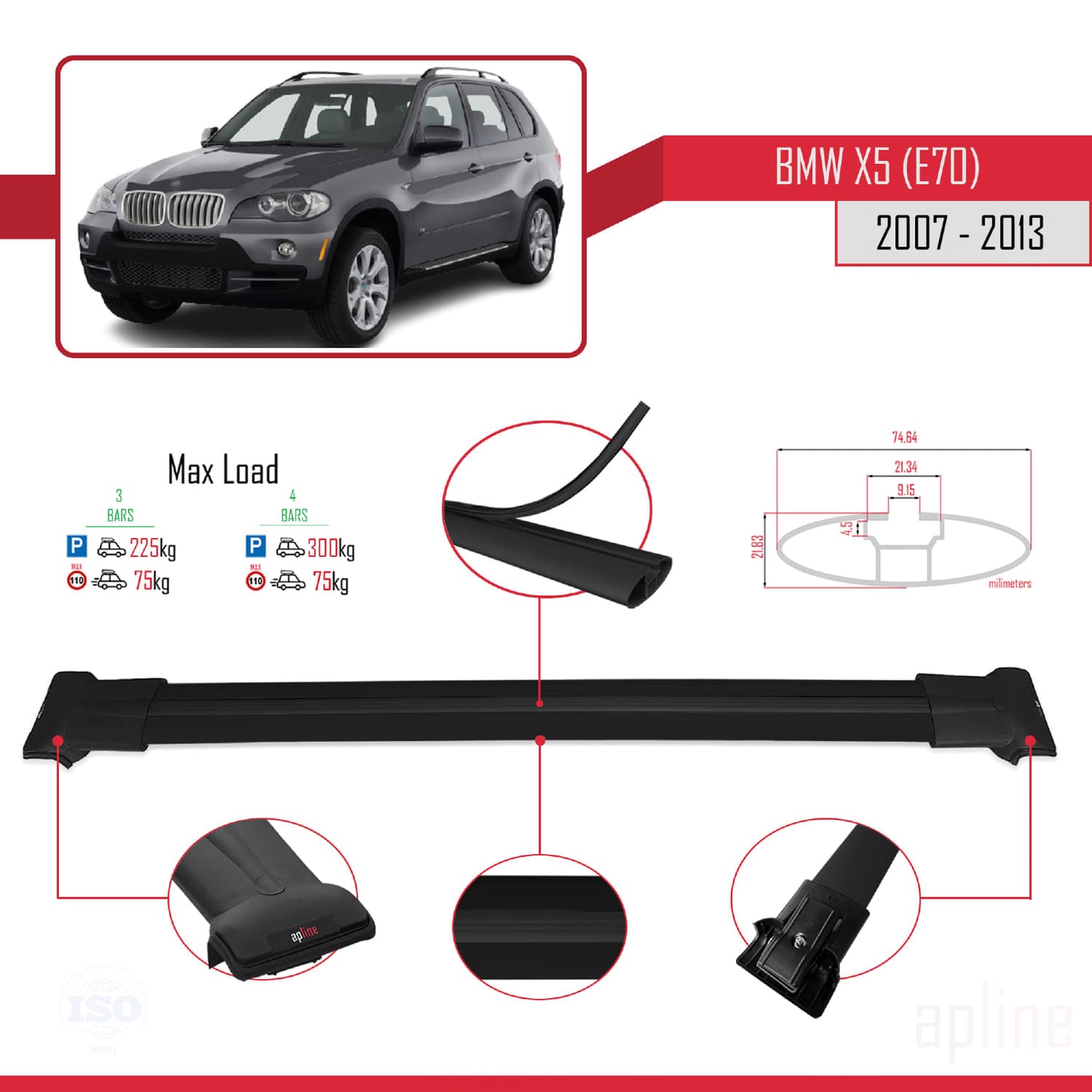 Compatible avec BMW X5 (E70) 2007-2013 FLY Model Barres de Toit Railing Porte-Bagages de Voiture Noir Aluminium 3 Barres