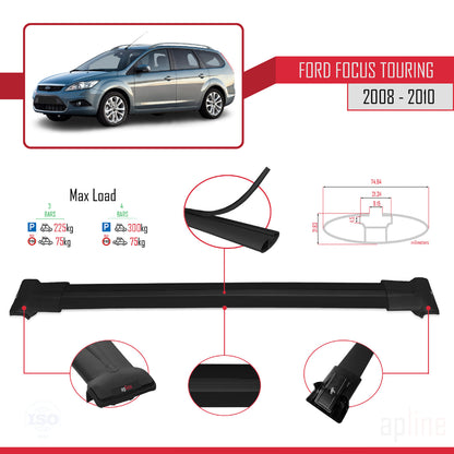 Compatible avec Ford Focus 2 (C307) Turnier 2008-2010 FLY Model Barres de Toit Railing Porte-Bagages de Voiture Noir Aluminium 3 Barres