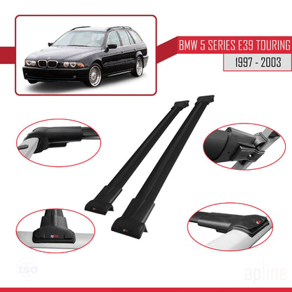 Compatible avec BMW Série 5 (E39) Touring 1997-2003 FLY Model Barres de Toit Railing Porte-Bagages de Voiture Noir Aluminium 2 Barres