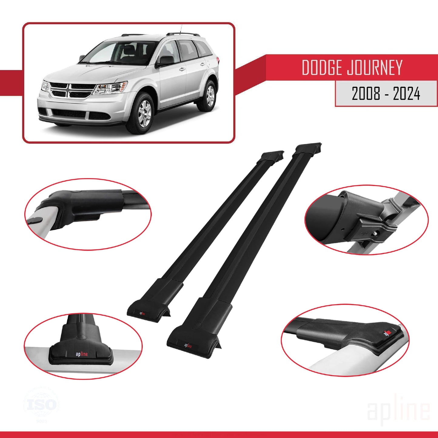 Compatible avec Dodge Journey 2008-2024 FLY Model Barres de Toit Railing Porte-Bagages de Voiture Noir Aluminium 2 Barres