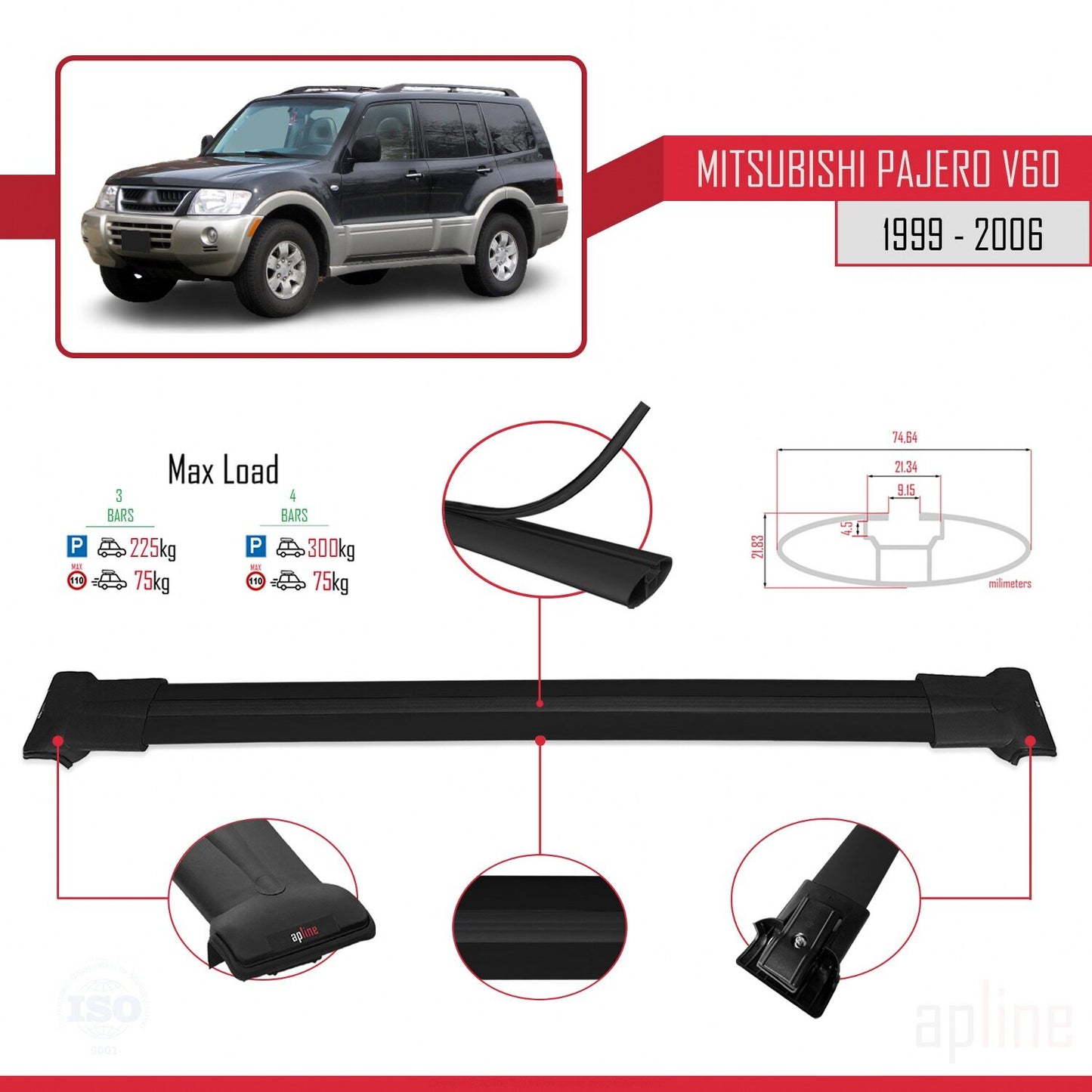 Compatible avec Mitsubishi Pajero (V60) 5 portes 1999-2006 FLY Model Barres de Toit Railing Porte-Bagages de Voiture Noir Aluminium 3 Barres