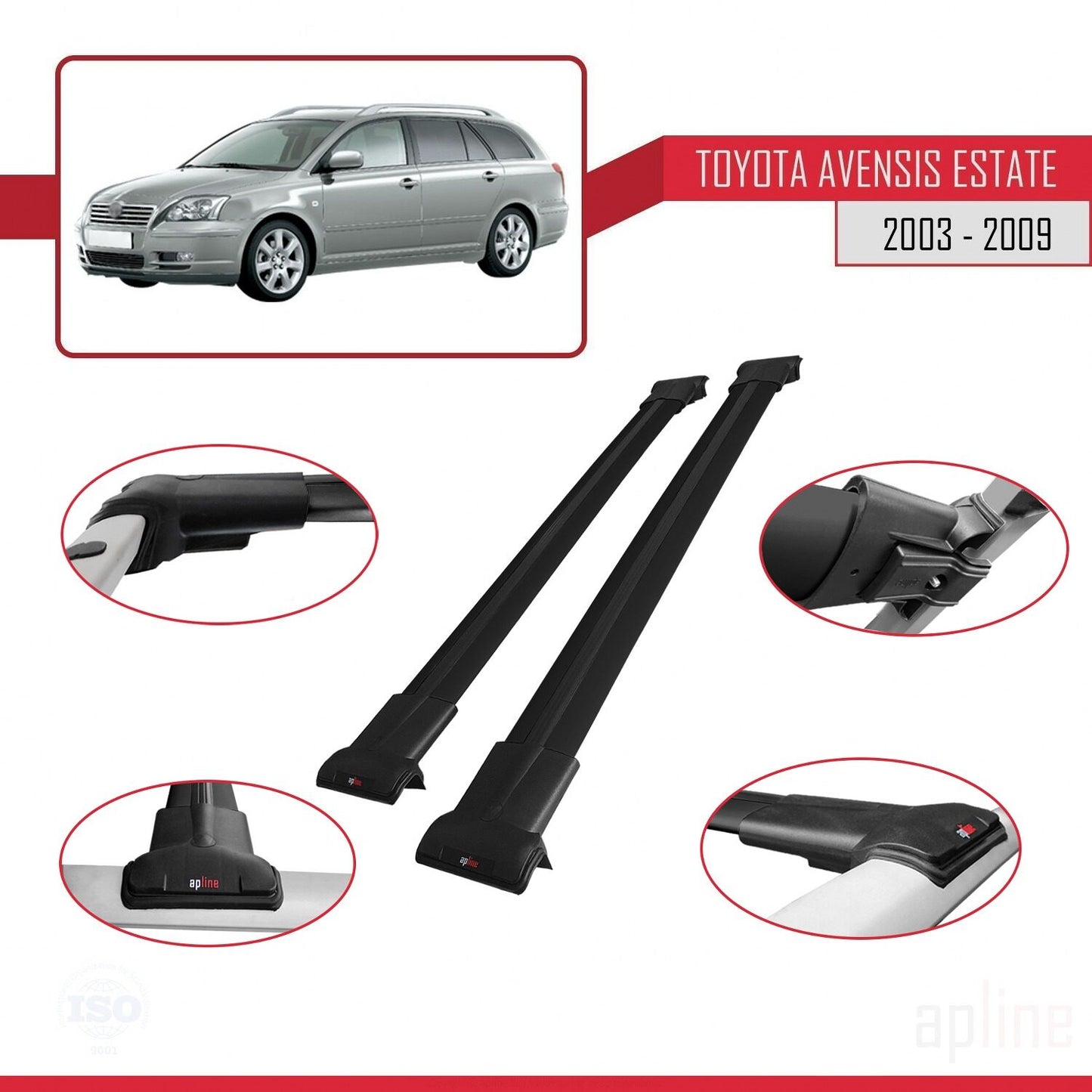 Compatible avec Toyota Avensis Break 2003-2009 FLY Model Barres de Toit Railing Porte-Bagages de Voiture Noir Aluminium 2 Barres