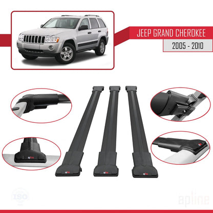 Compatible avec Jeep Grand Cherokee 3 (WK) 2005-2010 FLY Model Barres de Toit Railing Porte-Bagages de Voiture Noir Aluminium 3 Barres
