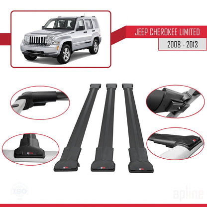 Compatible avec Jeep Cherokee 4 (KK) 2008-2013 FLY Model Barres de Toit Railing Porte-Bagages de Voiture Noir Aluminium 3 Barres