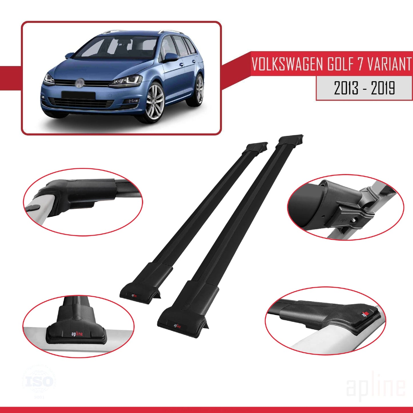 Compatible with Volkswagen Golf 7 (5G) Variant 2013-2019 FLY Model Car Roof Rack Cross Bar Black Aluminium 2 Bars