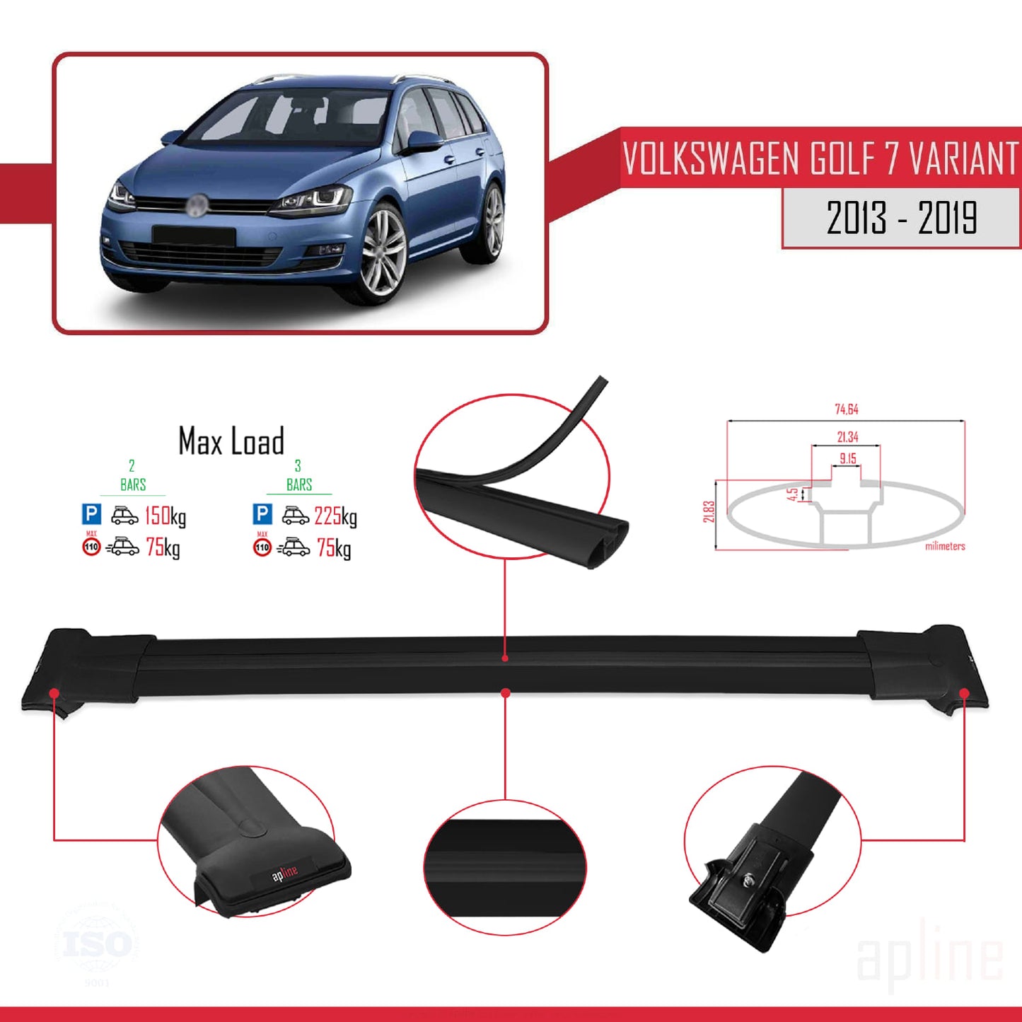 Compatible with Volkswagen Golf 7 (5G) Variant 2013-2019 FLY Model Car Roof Rack Cross Bar Black Aluminium 2 Bars
