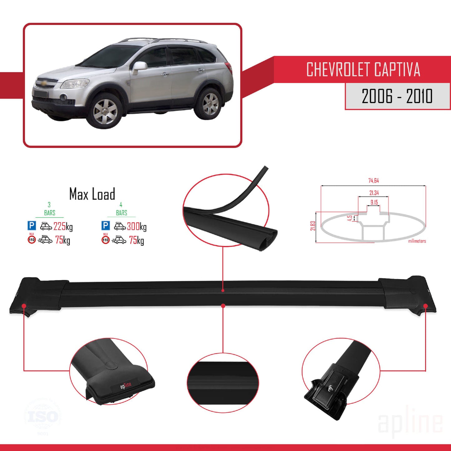Compatible avec Chevrolet Captiva 2006-2010 FLY Model Barres de Toit Railing Porte-Bagages de Voiture Noir Aluminium 3 Barres
