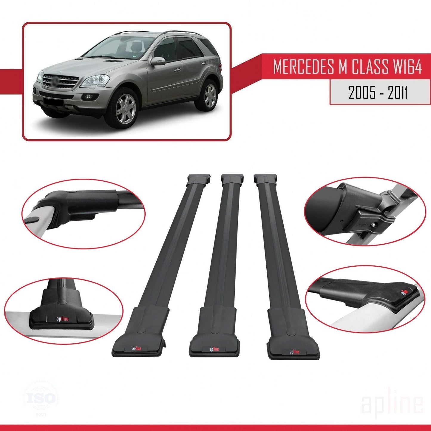 Compatible avec Mercedes Classe M 2 (W164) 2005-2011 FLY Model Barres de Toit Railing Porte-Bagages de Voiture Noir Aluminium 3 Barres