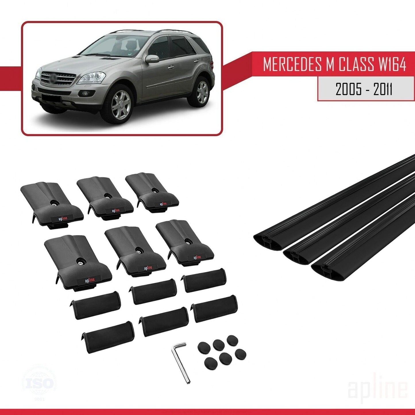 Compatible avec Mercedes Classe M 2 (W164) 2005-2011 FLY Model Barres de Toit Railing Porte-Bagages de Voiture Noir Aluminium 3 Barres