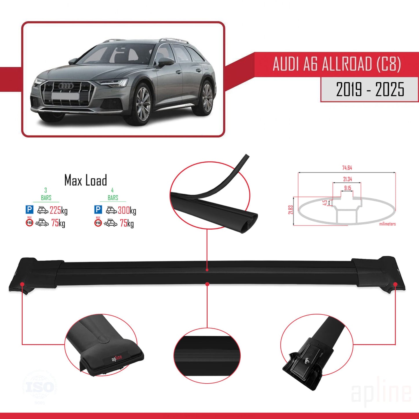 Compatible avec A6 (C8) Allroad 2019-2025 FLY Model Barres de Toit Railing Porte-Bagages de Voiture Noir Aluminium 3 Barres