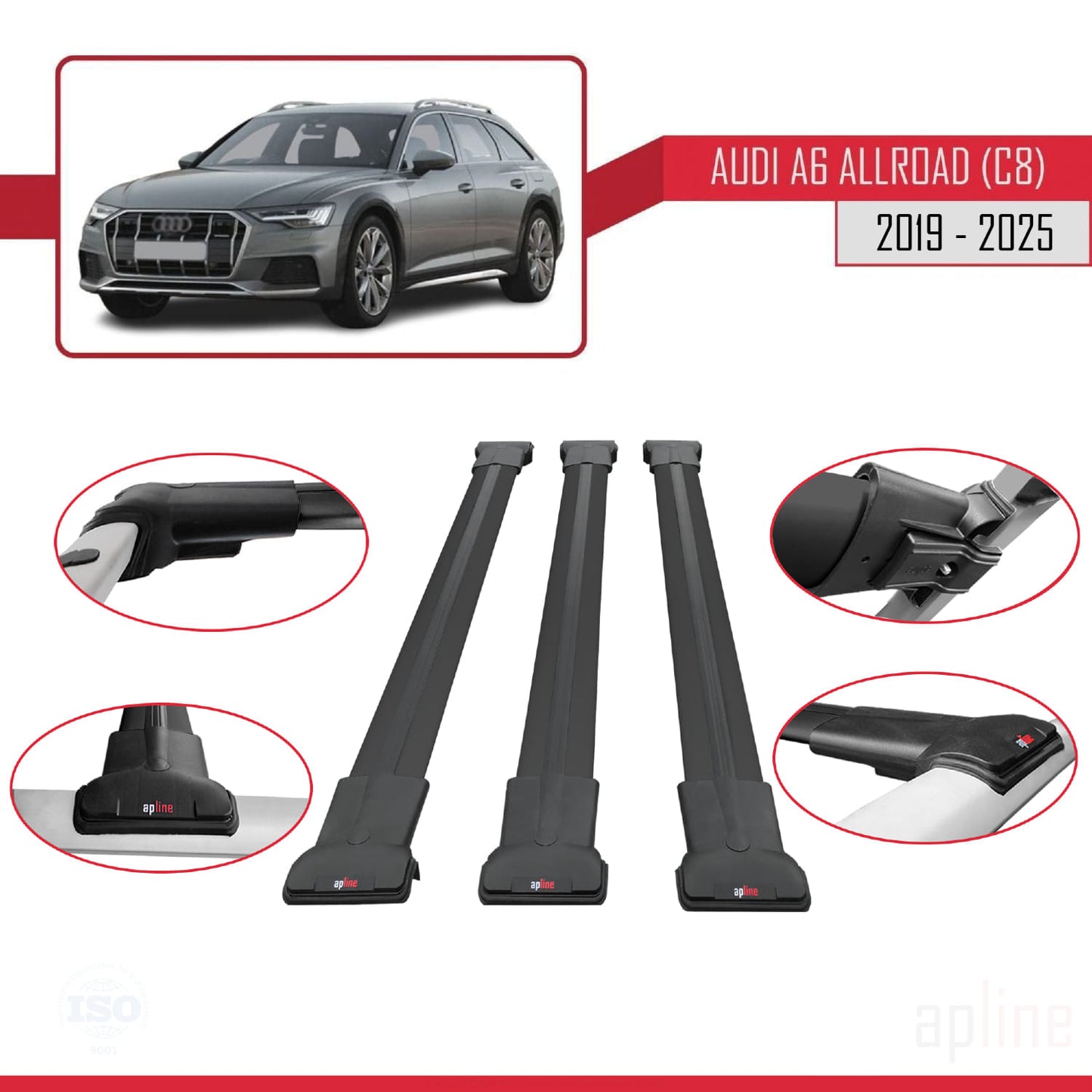 Compatible avec A6 (C8) Allroad 2019-2025 FLY Model Barres de Toit Railing Porte-Bagages de Voiture Noir Aluminium 3 Barres