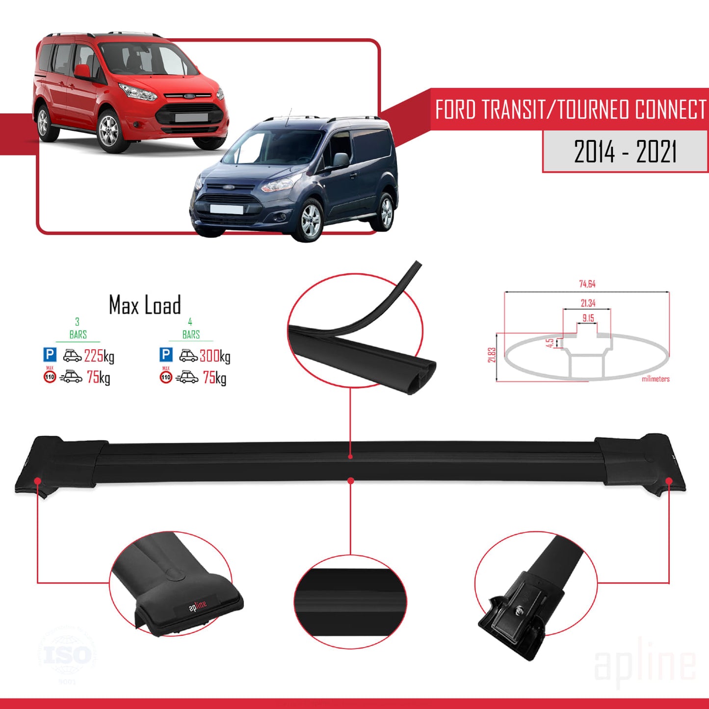 Compatible with Ford Transit/Tourneo Connect 2 2014-2021 FLY Model Car Roof Rack Cross Bar Black Aluminium 3 Bars