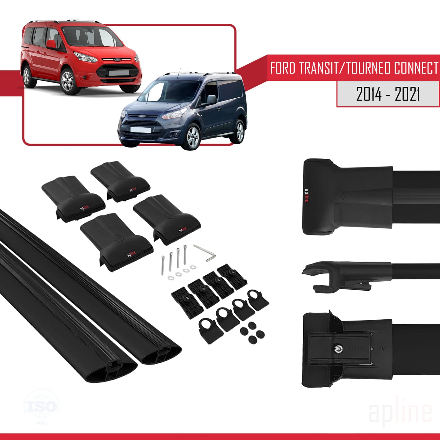 Compatible with Ford Transit/Tourneo Connect 2 2014-2021 FLY Model Car Roof Rack Cross Bar Black Aluminium 2 Bars
