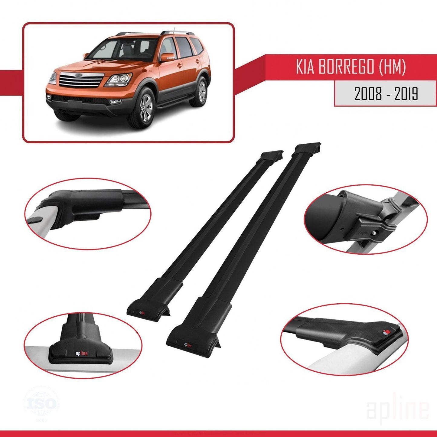 Compatible avec Kia Borrego (HM) 2008-2019 FLY Model Barres de Toit Railing Porte-Bagages de Voiture Noir Aluminium 2 Barres