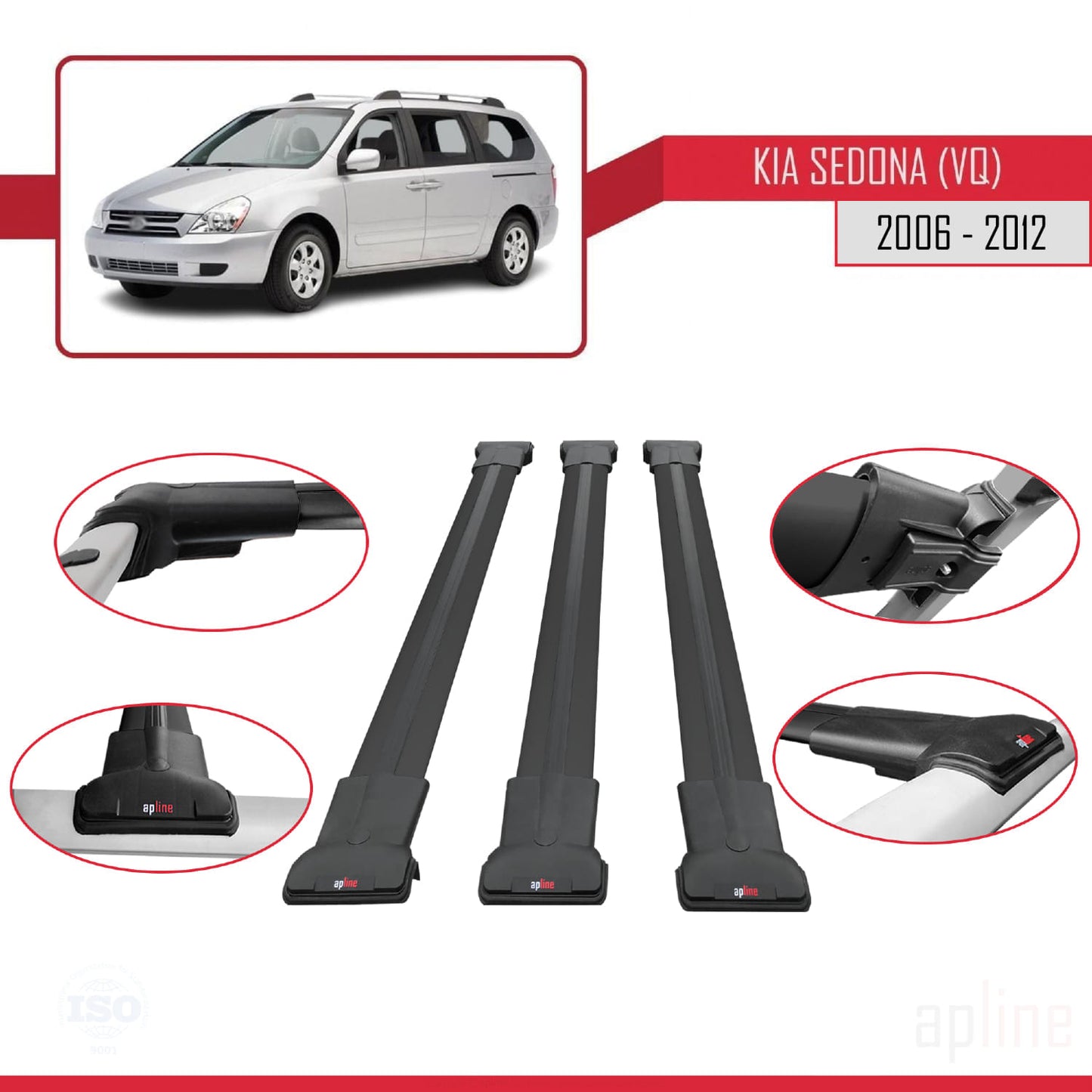 Compatible avec Kia Sedona 2 (VQ) 2006-2012 FLY Model Barres de Toit Railing Porte-Bagages de Voiture Noir Aluminium 3 Barres
