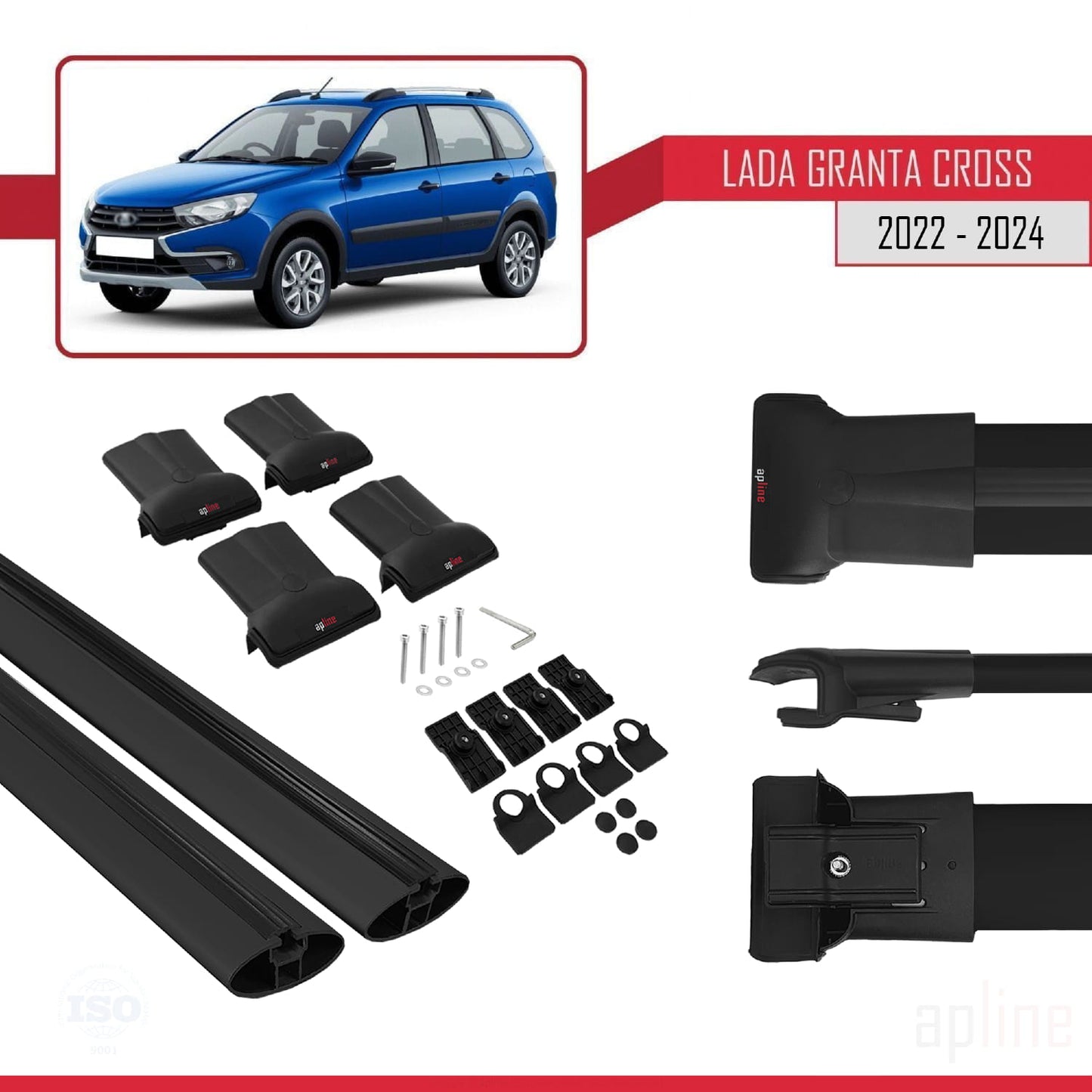 Compatible avec Lada Granta Cross 2022-2024 FLY Model Barres de Toit Railing Porte-Bagages de Voiture Noir Aluminium 2 Barres