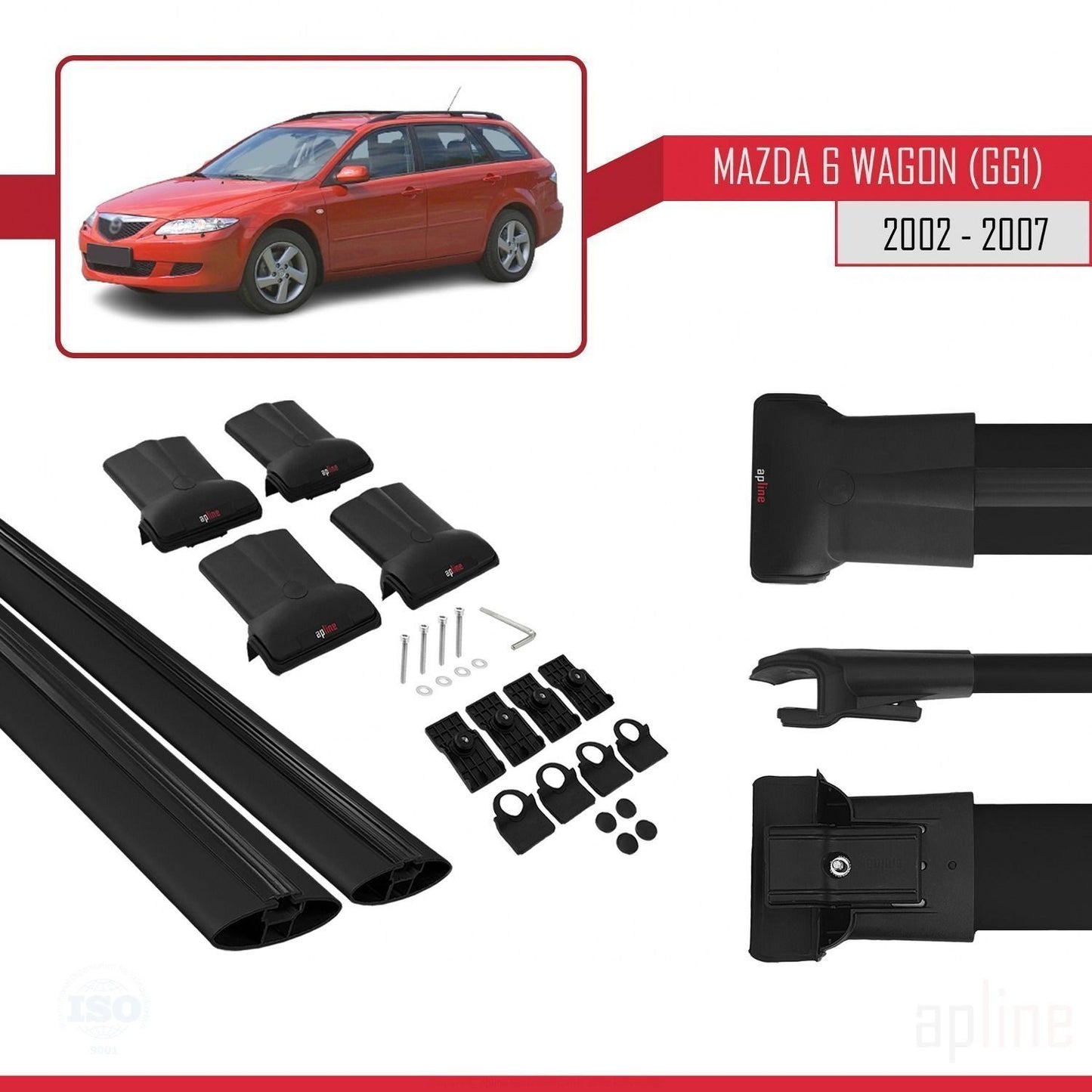 Compatible avec Mazda 6 I (GG1) 2002-2007 FLY Model Barres de Toit Railing Porte-Bagages de Voiture Noir Aluminium 2 Barres