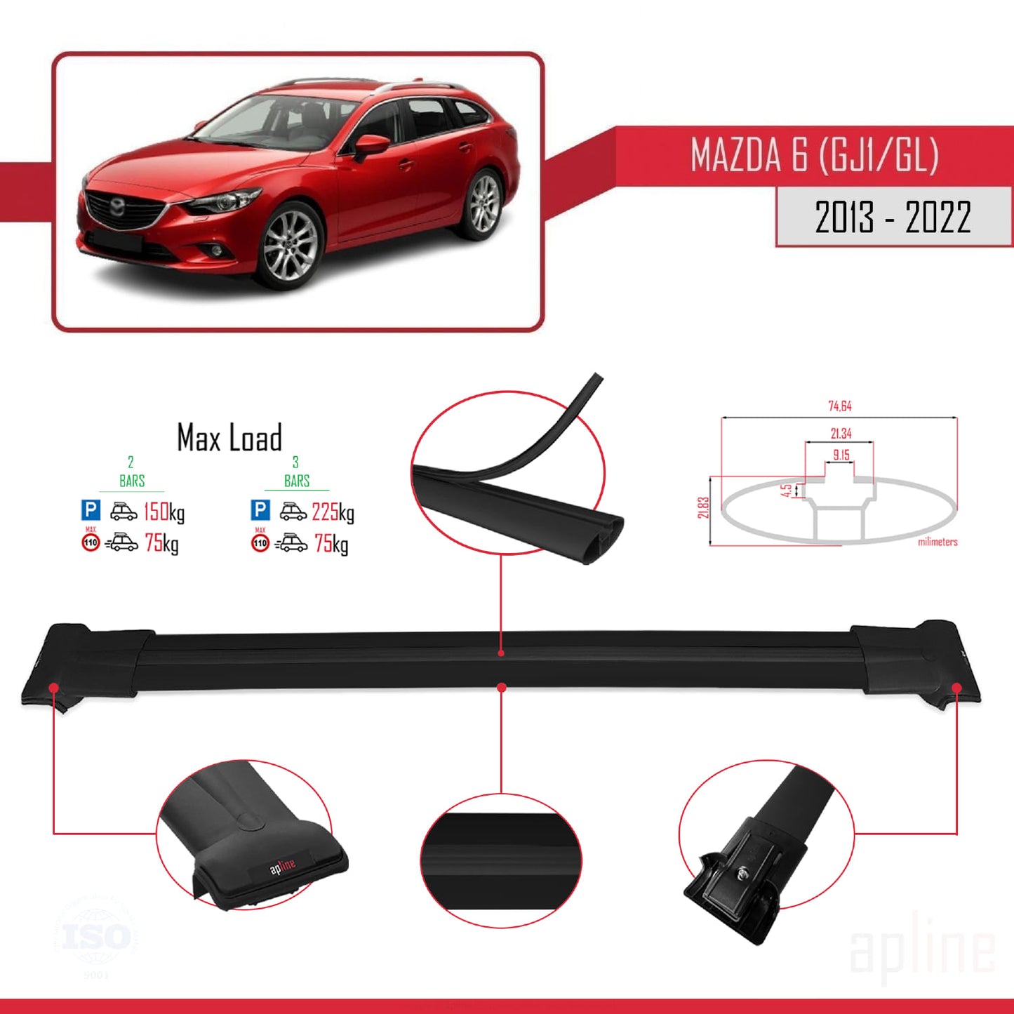 Compatible avec Mazda 6 III (GJ1/GL) 2013-2022 FLY Model Barres de Toit Railing Porte-Bagages de Voiture Noir Aluminium 2 Barres