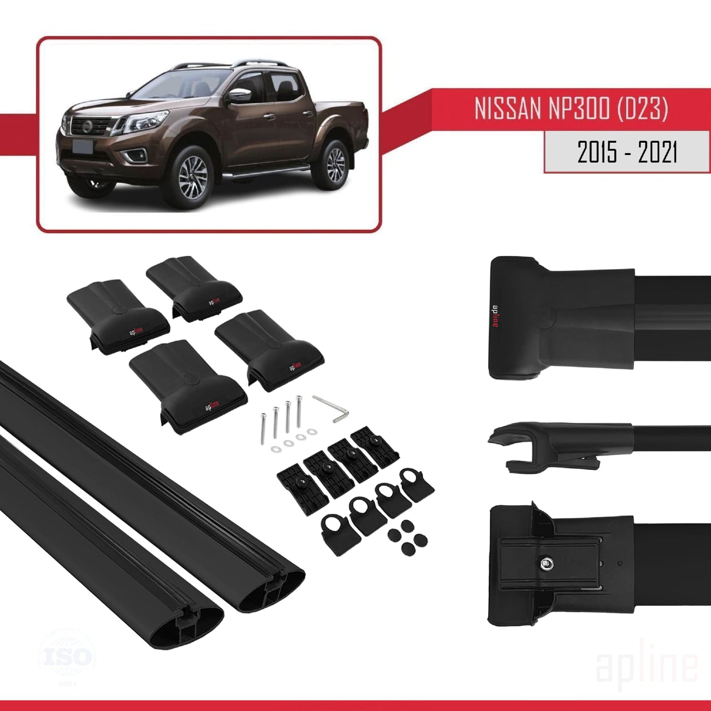 Compatible avec Nissan NP300 (D23) 2015-2021 FLY Model Barres de Toit Railing Porte-Bagages de Voiture Noir Aluminium 2 Barres