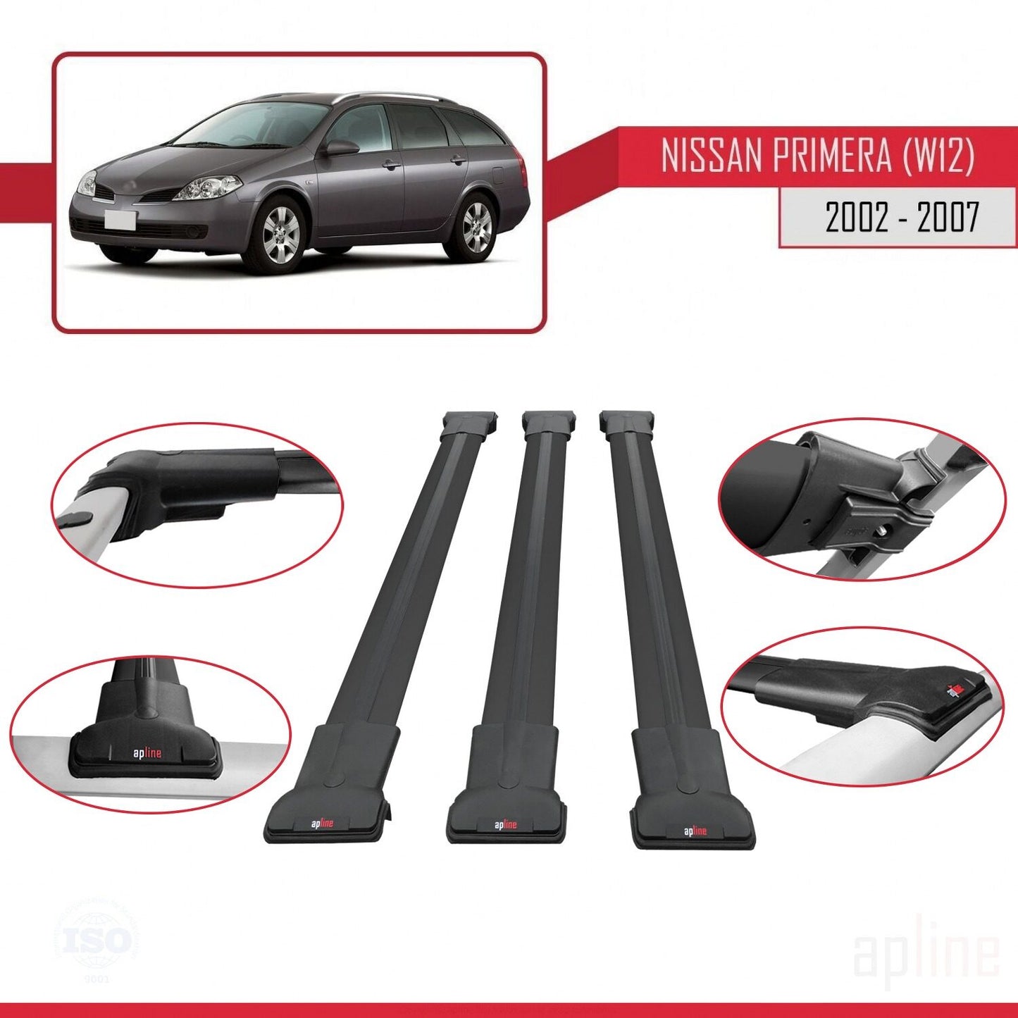 Compatible avec Nissan Primera 3 (W12) Traveller 2002-2007 FLY Model Barres de Toit Railing Porte-Bagages de Voiture Noir Aluminium 3 Barres