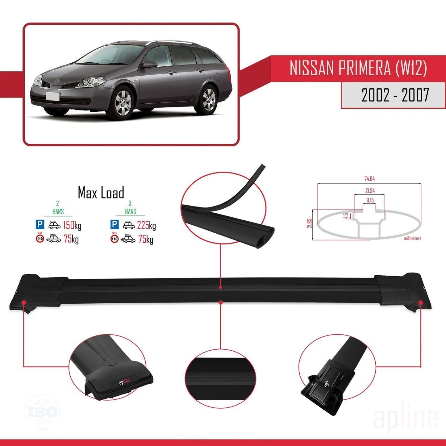Compatible avec Nissan Primera 3 (W12) Traveller 2002-2007 FLY Model Barres de Toit Railing Porte-Bagages de Voiture Noir Aluminium 2 Barres