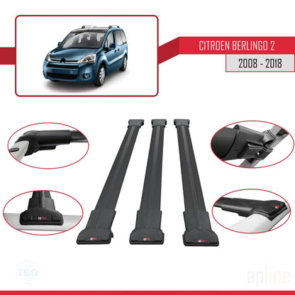 Compatible avec Citroen Berlingo 2 (B9) 2008-2018 FLY Model Barres de Toit Railing Porte-Bagages de Voiture Noir Aluminium 3 Barres