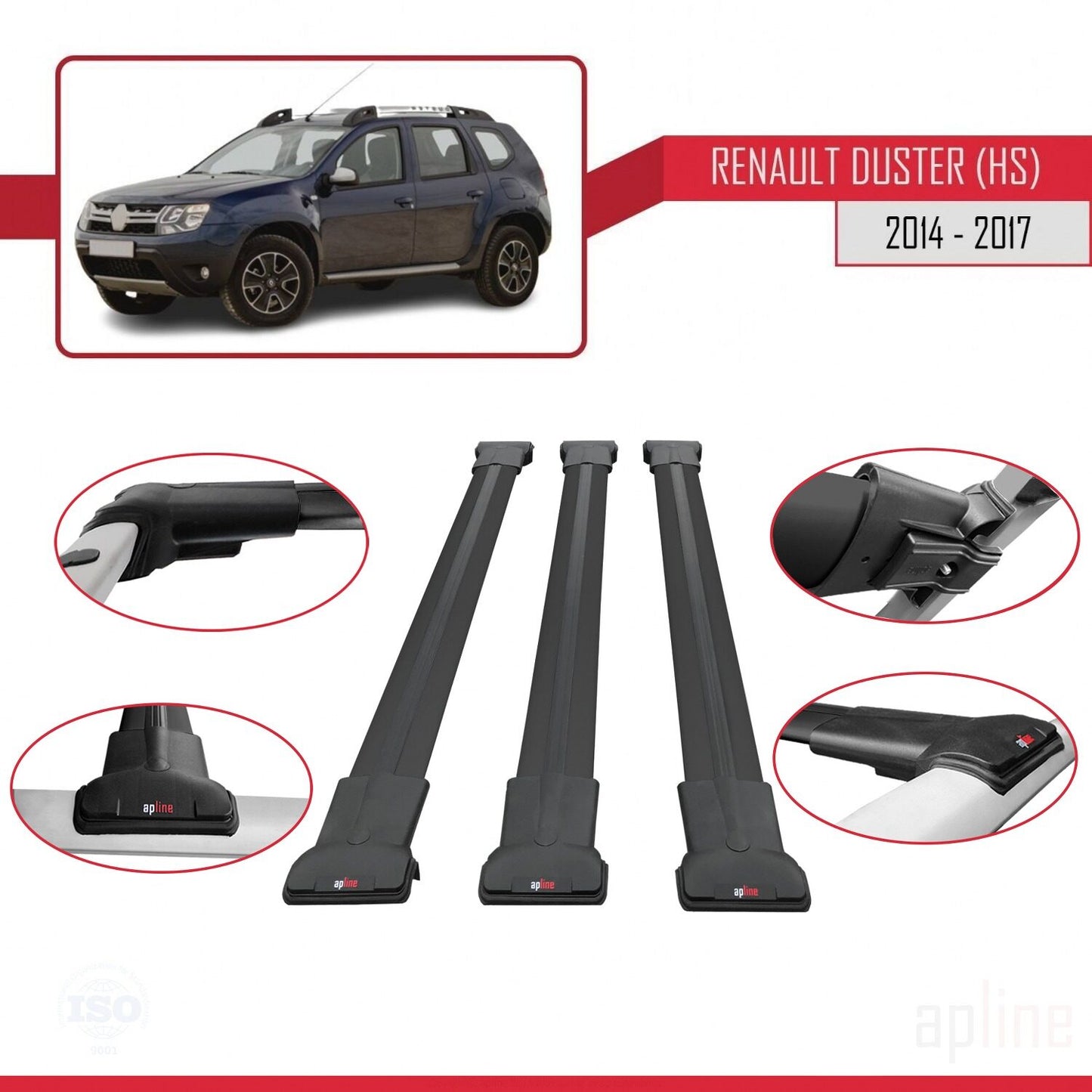 Compatible with Renault Duster (HS) Post-Facelift 2014-2017 FLY Model Car Roof Rack Cross Bar Black Aluminium 3 Bars