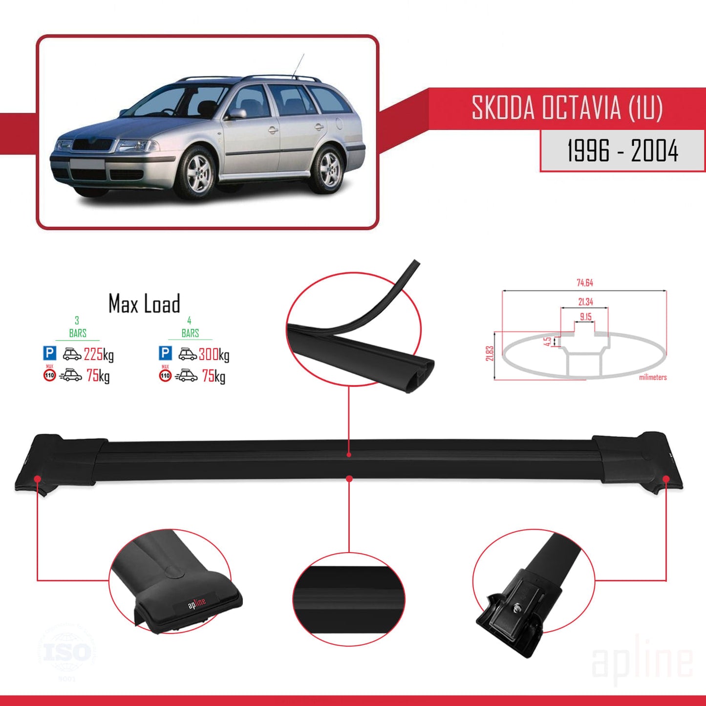 Compatible avec Skoda Octavia (1U) 1996-2004 FLY Model Barres de Toit Railing Porte-Bagages de Voiture Noir Aluminium 3 Barres