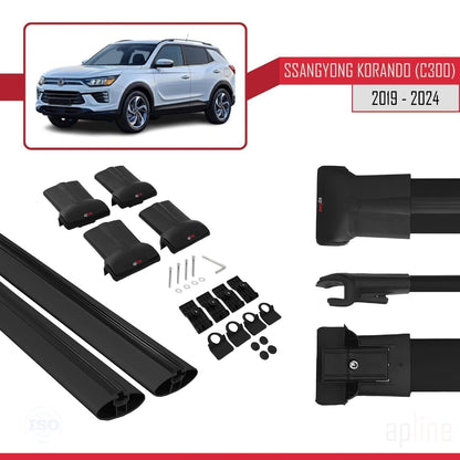 Compatible avec Ssangyong Korando 4 (C300) 2019-2025 FLY Model Barres de Toit Railing Porte-Bagages de Voiture Noir Aluminium 2 Barres