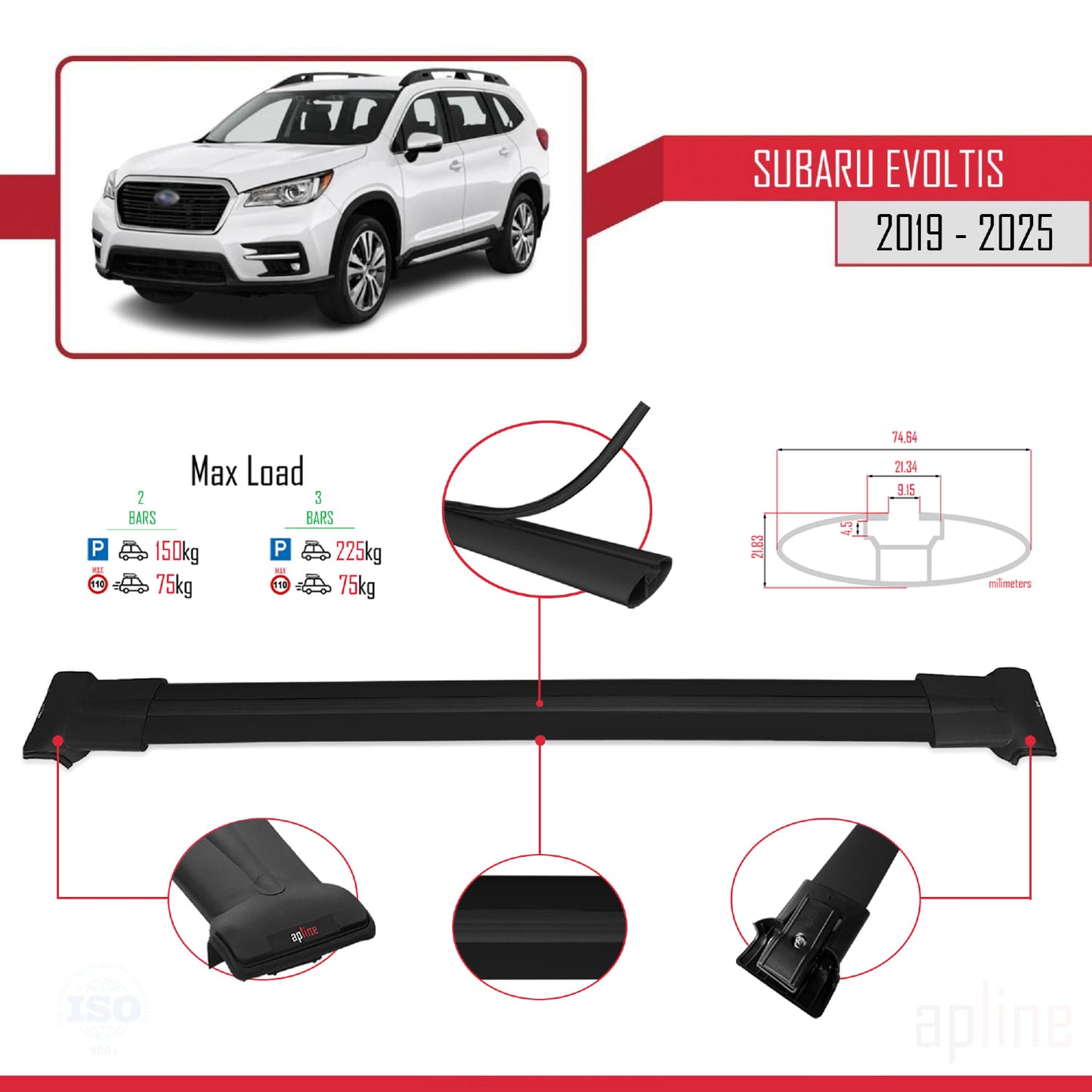 Compatible avec Subaru Evoltis 2019-2025 FLY Model Barres de Toit Railing Porte-Bagages de Voiture Noir Aluminium 2 Barres