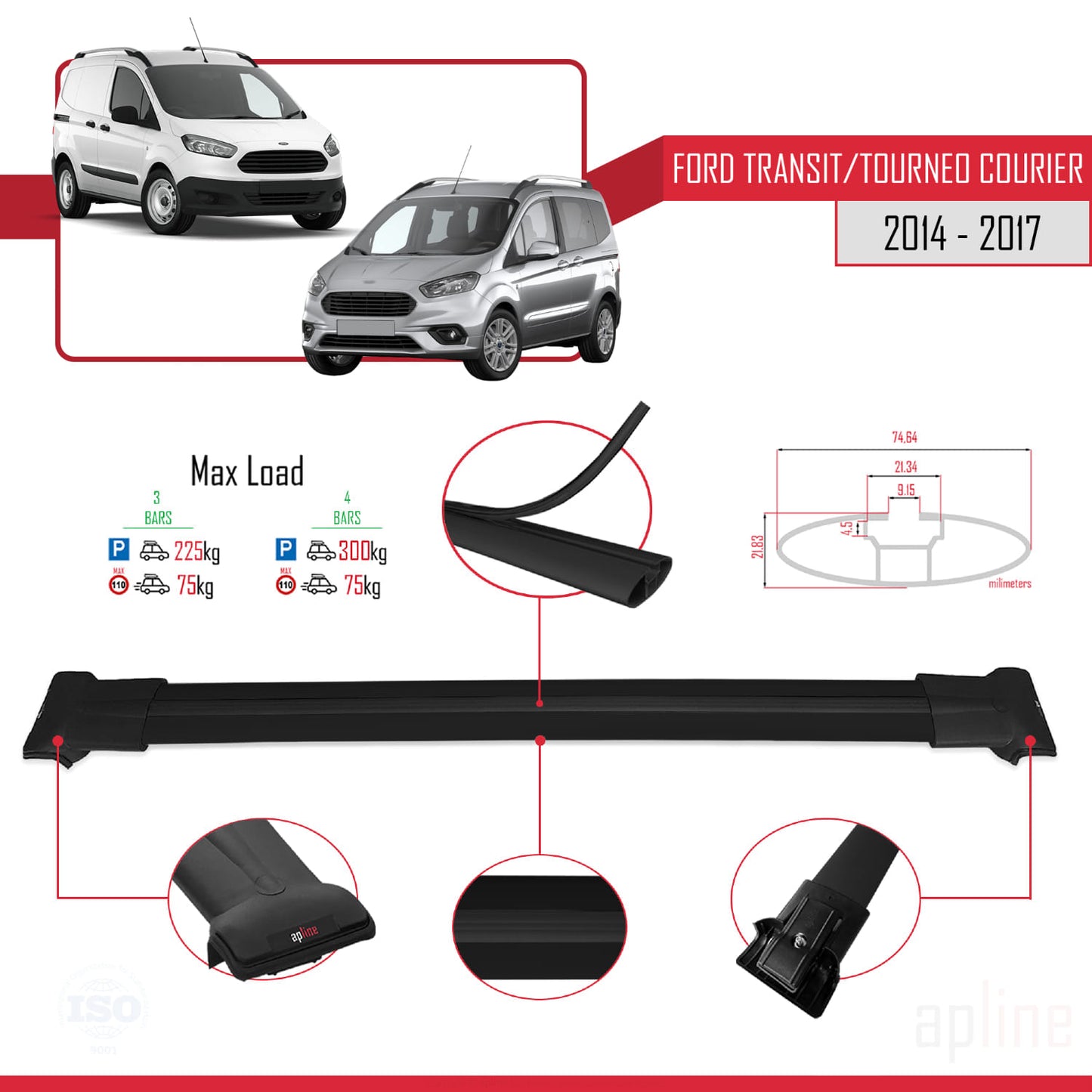 Compatible avec Ford Transit/Tourneo Courier Pre-Facelift 2014-2017 FLY Model Barres de Toit Railing Porte-Bagages de Voiture Noir Aluminium 4 Barres