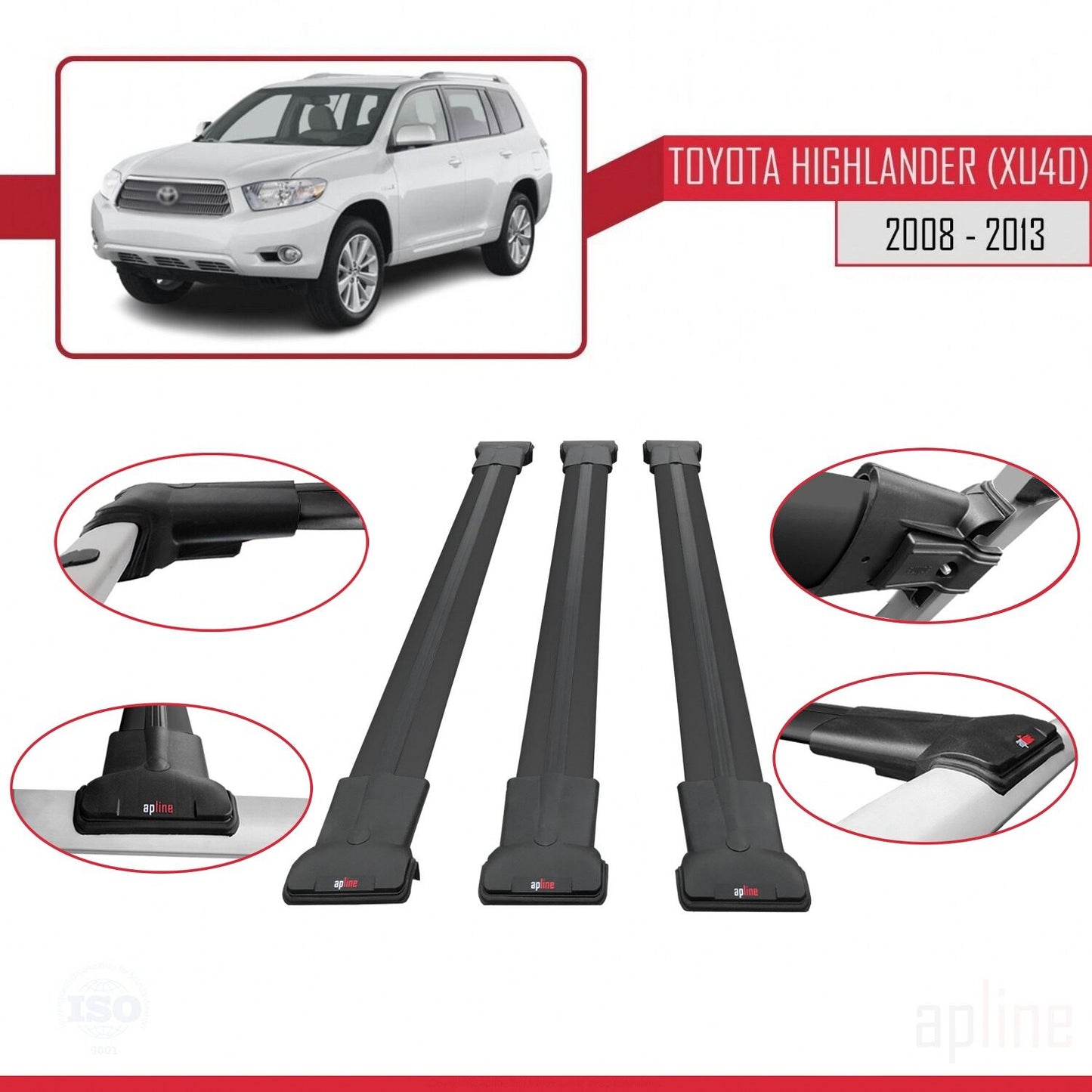 Compatible avec Toyota Highlander (XU40) 2008-2013 FLY Model Barres de Toit Railing Porte-Bagages de Voiture Noir Aluminium 3 Barres