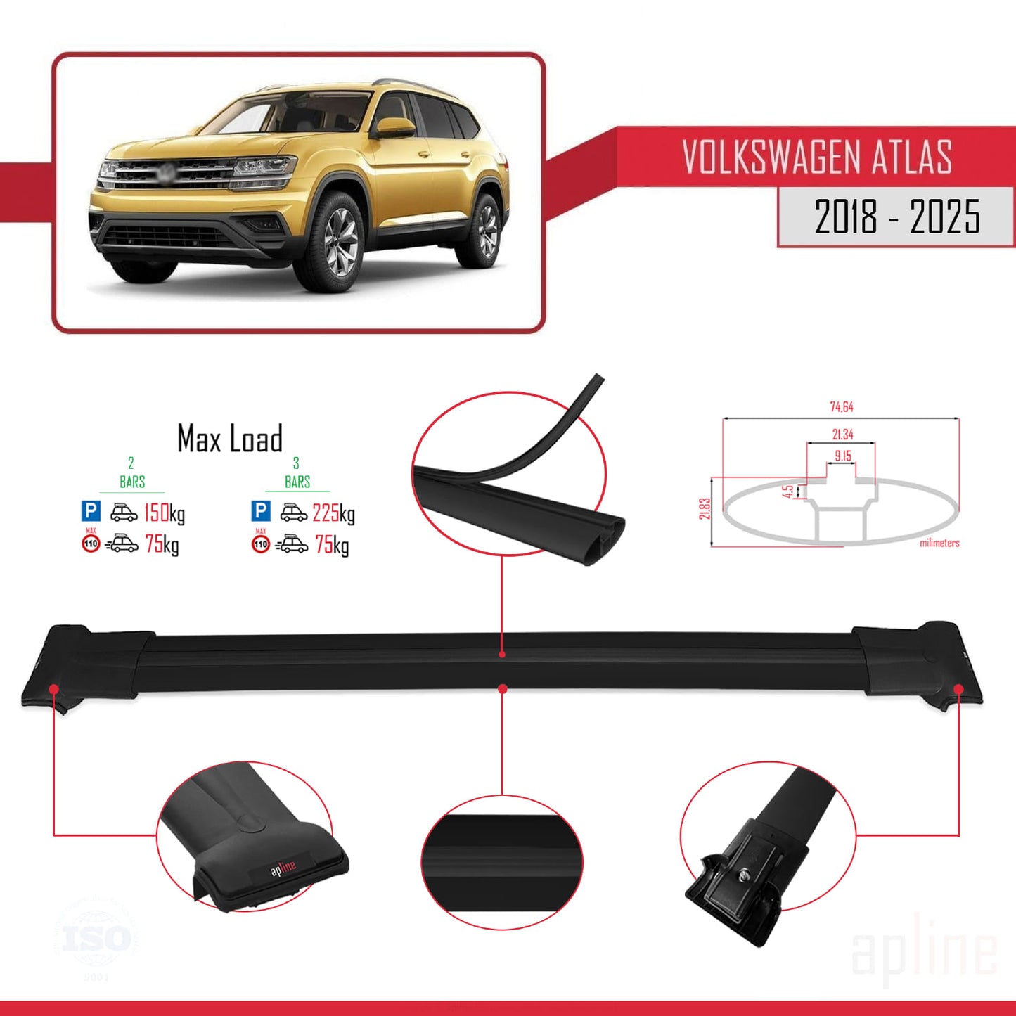 Compatible avec Volkswagen Atlas (CA1) 2018-2025 FLY Model Barres de Toit Railing Porte-Bagages de Voiture Noir Aluminium 2 Barres
