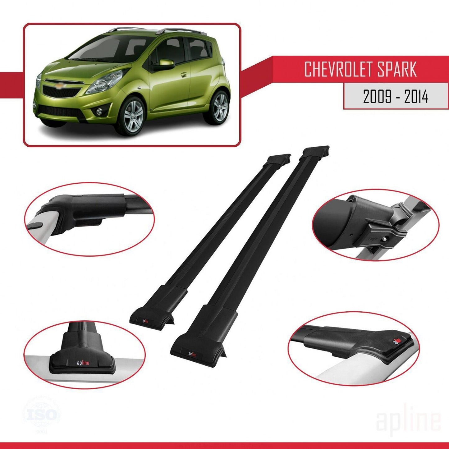Compatible avec Chevrolet Spark (M300) 2009-2014 FLY Model Barres de Toit Railing Porte-Bagages de Voiture Noir Aluminium 2 Barres