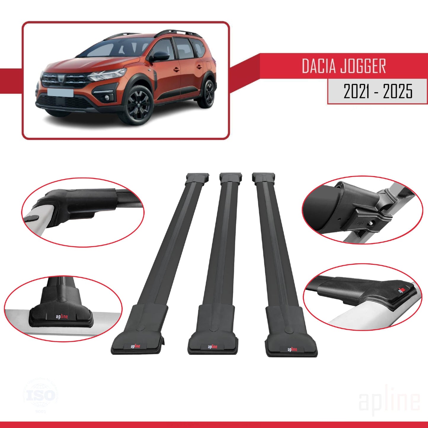 Compatible avec Dacia Jogger 2021-2025 FLY Model Barres de Toit Railing Porte-Bagages de Voiture Noir Aluminium 3 Barres