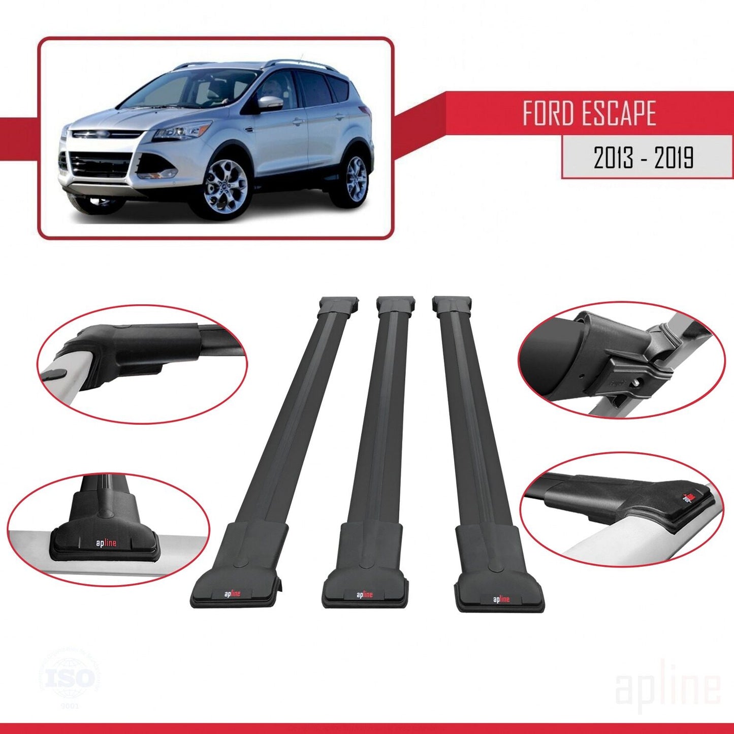 Compatible avec Ford Escape 3 2013-2019 FLY Model Barres de Toit Railing Porte-Bagages de Voiture Noir Aluminium 3 Barres